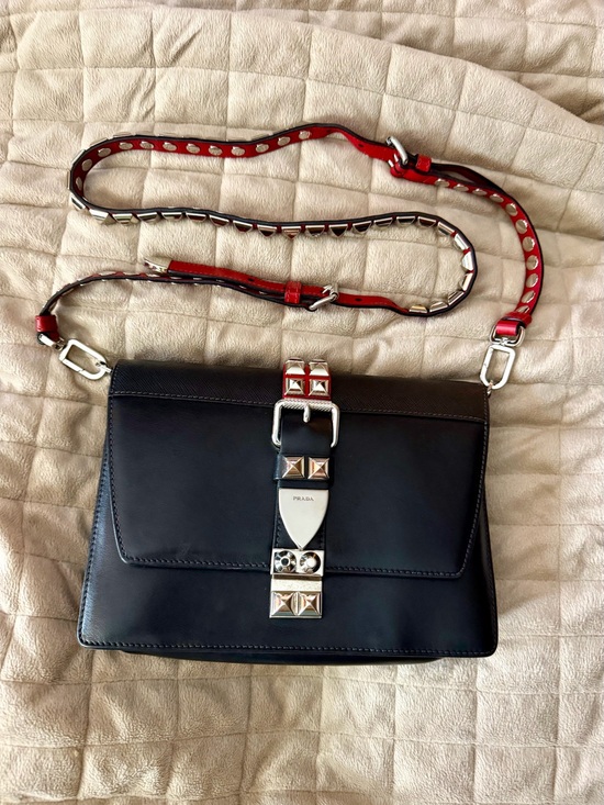 Prada Handbags - Prada Black Leather Crossbody w/Red Leather Silver-Tone Studded Strap & Accents!